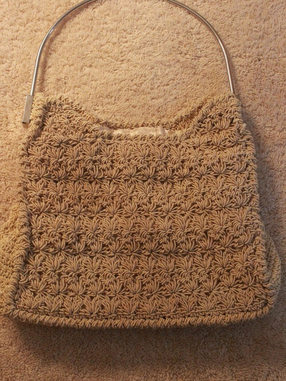 Beige Floral Crochet Handbag with Silver-Tone Metal Handle